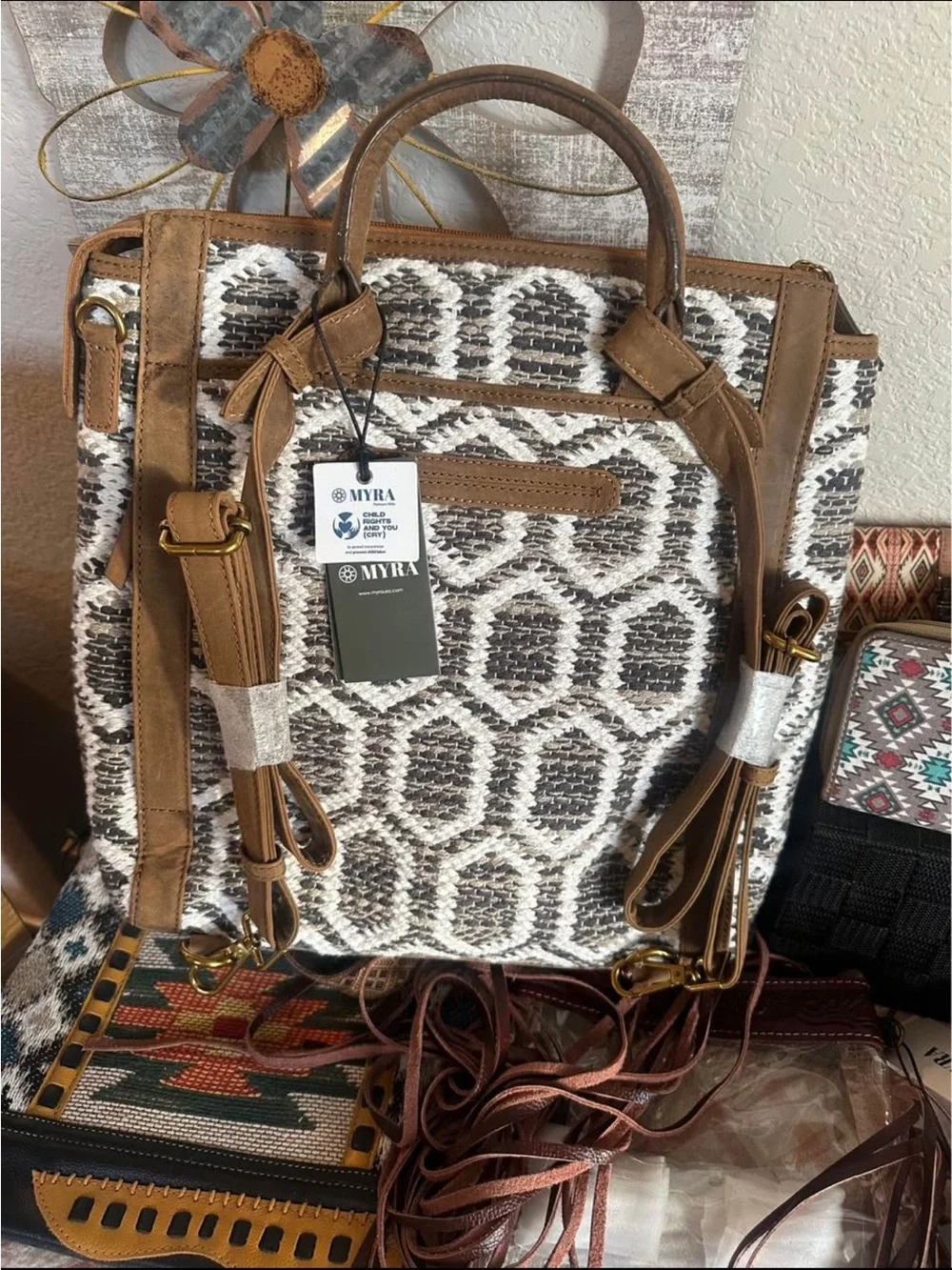 Myra Bag Brown and Cream Geometric Woven Backpack